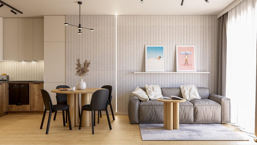 aranżacja małego mieszkania w jasnych kolorach – funkcjonalny salon z zabudową na wymiar