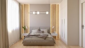 Oświetlenie w małym mieszkaniu – sypialnia z ciepłym światłem pośrednim i lampami nocnymi