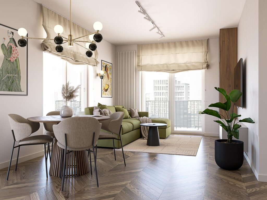 Oświetlenie w małym mieszkaniu – salon z jadalnią z warstwowym i strefowym światłem